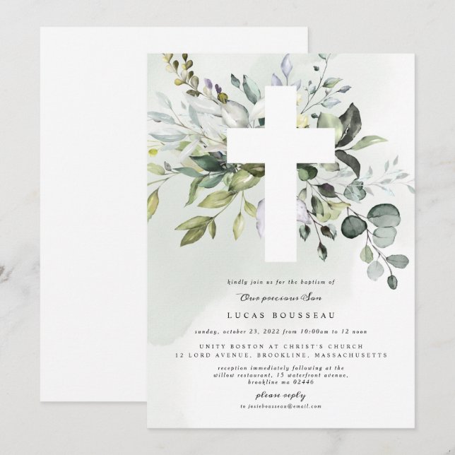 Eucalyptus Baptême Christening Invitation (Devant / Derrière)