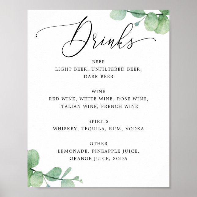 Eucalyptus Bar Menu Sign | Elegant Wedding Drinks Poster (Vorne)
