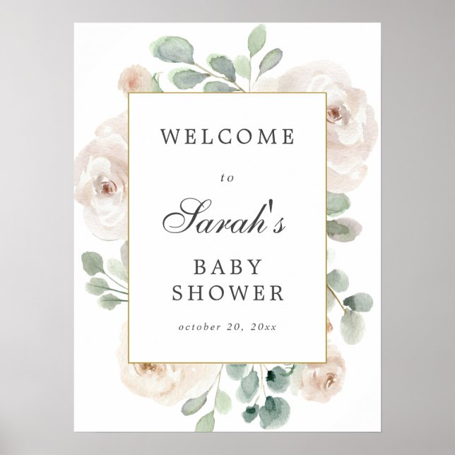 Eucalyptus blanc Baby shower Floral Affiche de bie (Devant)
