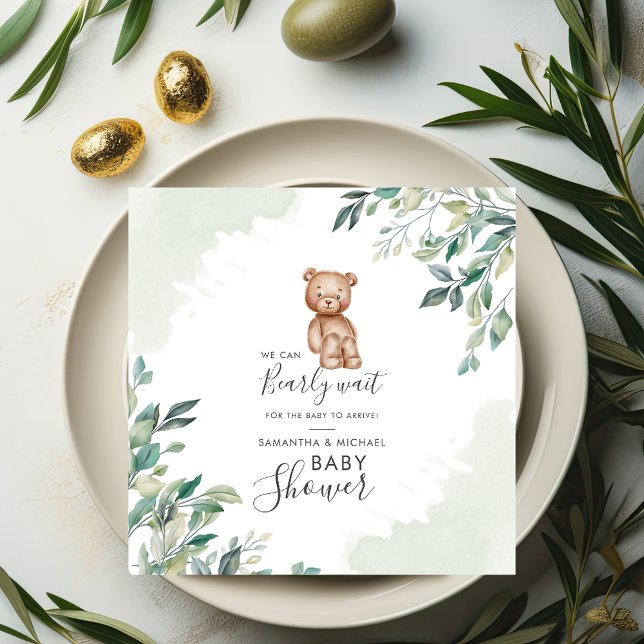 Eucalyptus Blätter Pärchen Babydusche abwarten Serviette (Eucalyptus and Bear Baby Shower Paper Napkin)
