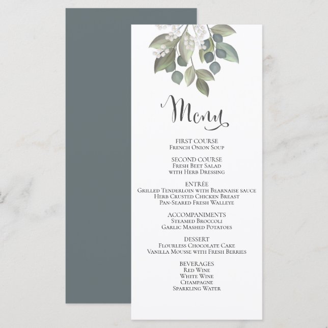Eucalyptus bleu Dusty Mariage Foliage Elégant Menu (Devant / Derrière)