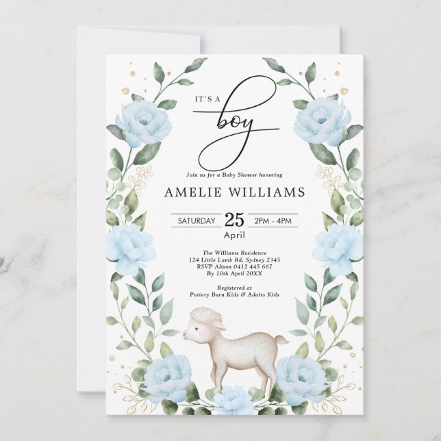 Eucalyptus Blue Blume Lamb Boy Baby Showdusche Einladung (Vorderseite)
