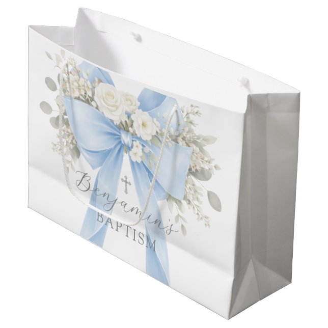 Eucalyptus Blue Bow Baby Boy Baptism Große Geschenktüte (Vorderseite Schrägansicht)