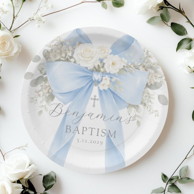 Eucalyptus Blue Bow Baby Boy Baptism Pappteller (Von Creator hochgeladen)