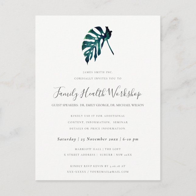 EUCALYPTUS BLUSH ROSE KRAFT NAVY WORKSHOP EREIGNIS ANKÜNDIGUNGSPOSTKARTE (Vorderseite)