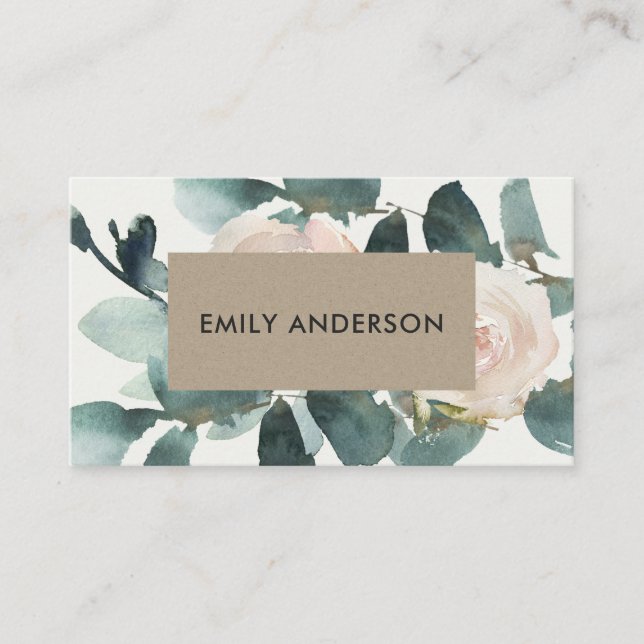 EUCALYPTUS BLUSH ROSE PEONY KRAFT FAUNA WATERCOLOR VISITENKARTE (Vorderseite)
