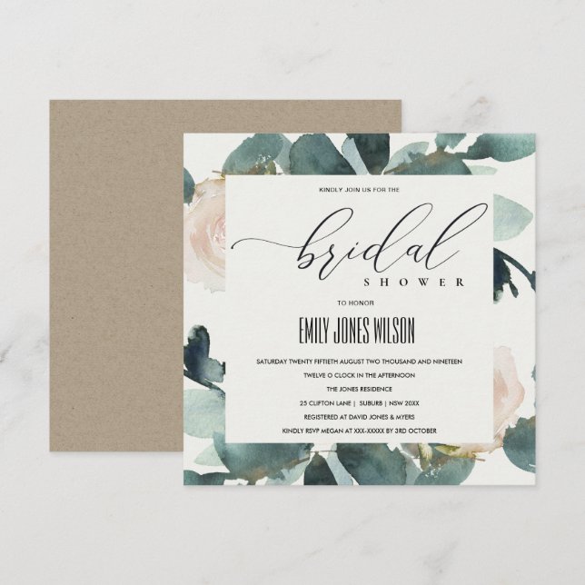 EUCALYPTUS BLUSH ROSE SOFT KRAFT BRAUTPARTY EINLADUNG (Vorne/Hinten)