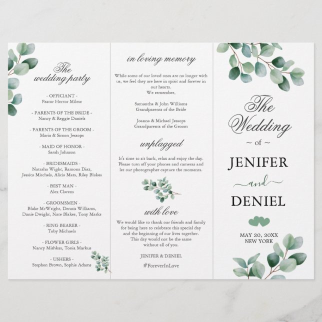 Eucalyptus Botanical Greenery  Wedding Programme (Devant)