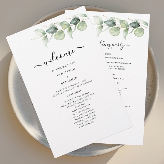 Eucalyptus Botanical Greenery Wedding Programme (Eucalyptus Greenery Script Wedding Welcome Program Stationery)