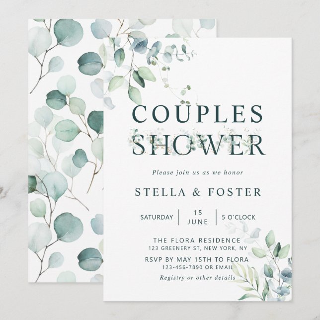 Eucalyptus Botanical Letter Couples Dusche Einladung (Vorne/Hinten)