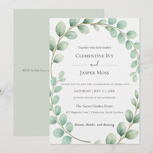Eucalyptus Botanical Sage Green Boho Wedding Einladung (Vorne/Hinten)
