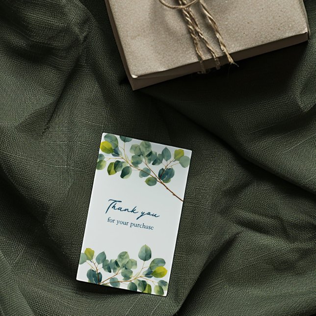 Eucalyptus branche verte merci carte boîtier (Eucalyptus thank you enclosure card with handwritten script and greenery illustration)