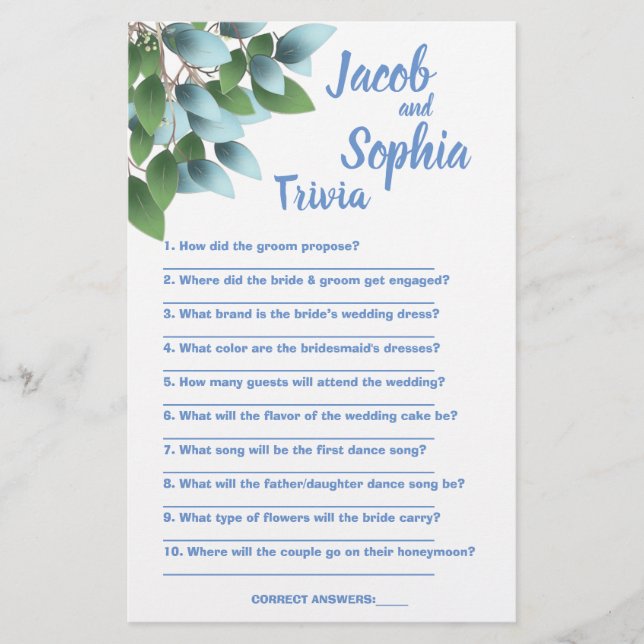EUCALYPTUS BRIDE & GROOM TRIVIA SHOWER GAME CARD FLYER (Vorne)