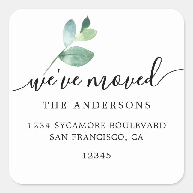 Eucalyptus Calligraphy We’ve Moved New Address Quadratischer Aufkleber (Vorderseite)