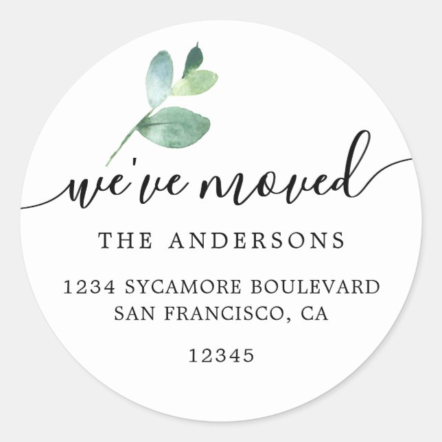 Eucalyptus Calligraphy We’ve Moved New Address Runder Aufkleber (Vorderseite)
