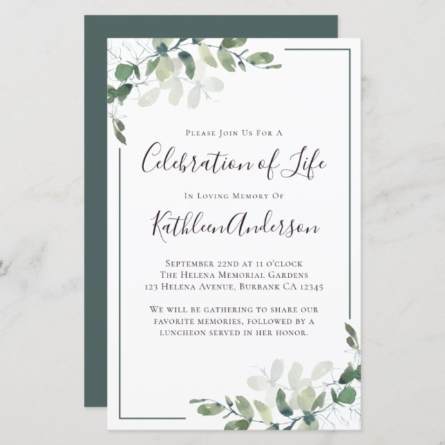 Eucalyptus Celebration of Life Einladung (Vorne/Hinten)