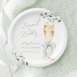 Eucalyptus Champagne Brunch & Bubbly Bridal Shower Pappteller<br><div class="desc">Celebrate the bride-to-be with a delightful 'Brunch & Bubbly' bridal shower theme. These paper plates feature a charming watercolor illustration of a champagne flute adorned with a soft green ribbon,  surrounded by delicate eucalyptus leaves and tiny white blossoms.</div>