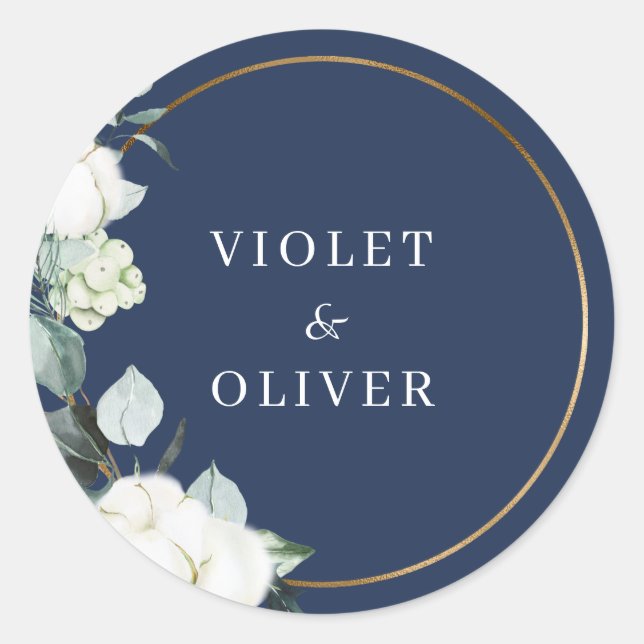 Eucalyptus Cotton | Moderne Hochzeit der Marine Runder Aufkleber (Vorderseite)