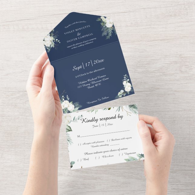 Eucalyptus Cotton | Navy Modern White UAWG All In One Einladung (Abreißen)