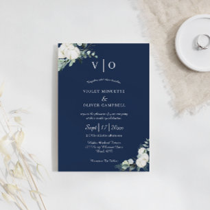 Eucalyptus Cotton   Navy Moderne Monogram Wedding Einladung