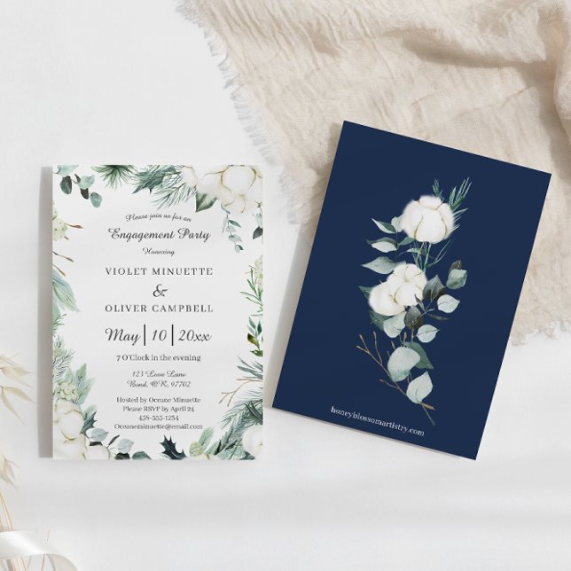 Eucalyptus Cotton | White Modern Engagement Party Einladung (Von Creator hochgeladen)