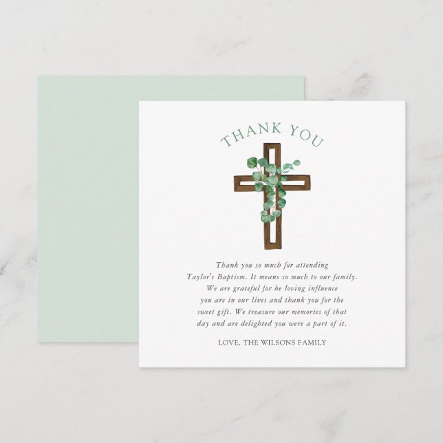 Eucalyptus Cross Moderne Carré de baptême Merci (Devant / Derrière)