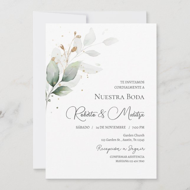 Eucalyptus de verdure invitation de mariage en esp (Devant)