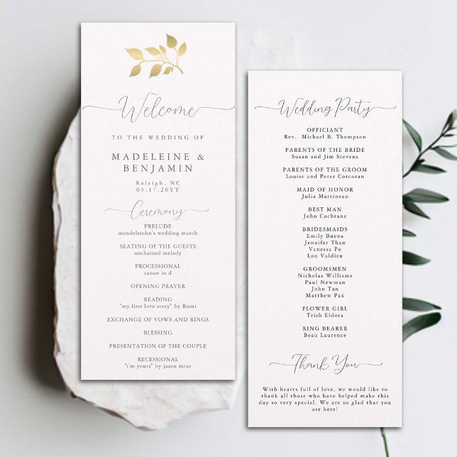 Eucalyptus d'or Elégant programme de mariage forme (simple classic wedding ceremony program elegant gold eucalyptus greenery foliage formal traditional)