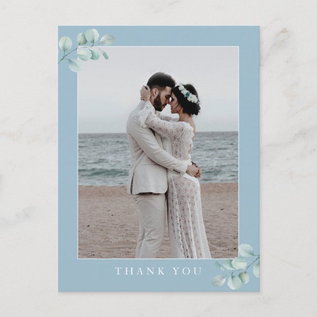 Eucalyptus Dusty Blue Wedding Foto Vielen Dank Postkarte (Vorderseite)