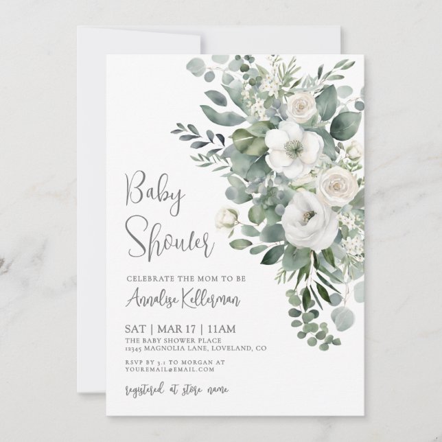 Eucalyptus Elegant Floral Baby Shower Einladung (Vorderseite)