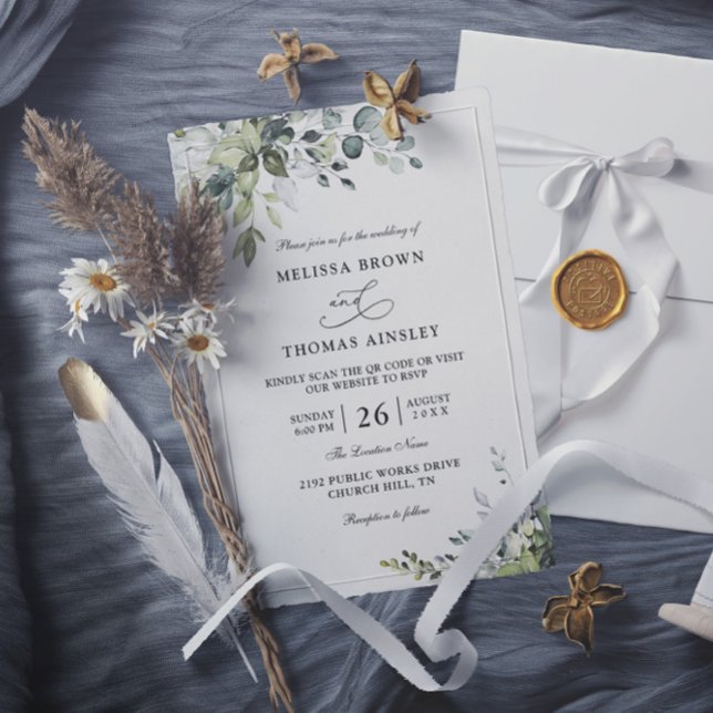 Eucalyptus Elegant Modern Budget QR Code Wedding Einladung (Von Creator hochgeladen)