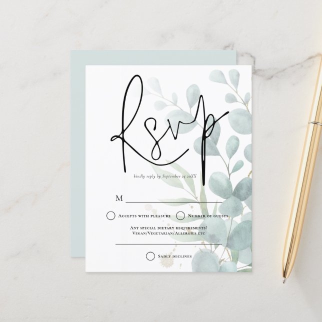 Eucalyptus Elegant Script Wedding RSVP (Vorderseite/Rückseite Beispiel)