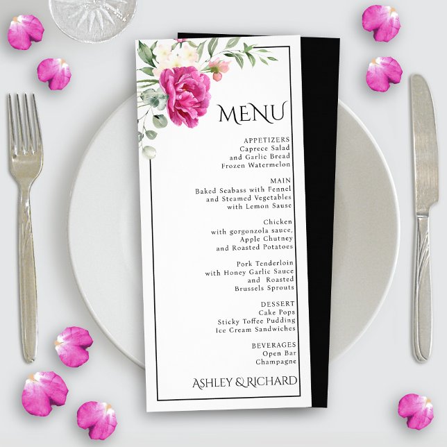 Eucalyptus et fleurs roses carte menu mariage (Créateur téléchargé)