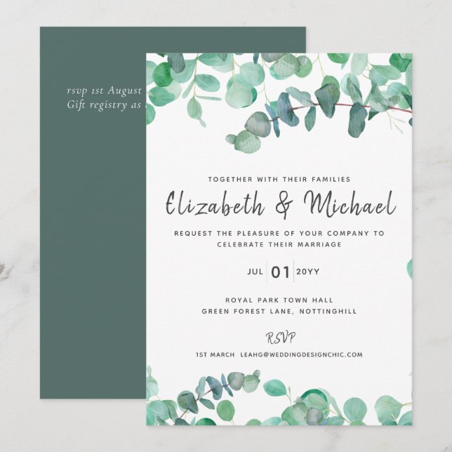 Eucalyptus Faire-part de mariage Budget Vert Feuil (Devant / Derrière)