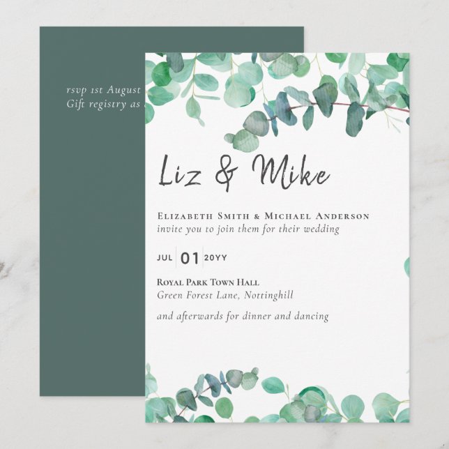 Eucalyptus Faire-part de mariage Budget Vert Feuil (Devant / Derrière)