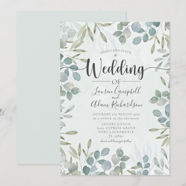 Eucalyptus Faire-part de mariage d'aquarelle verte (Devant / Derrière)