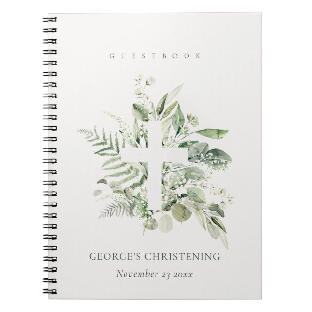 Eucalyptus Fern Fauna Cross Christening Gästebuch Notizblock (Vorderseite)