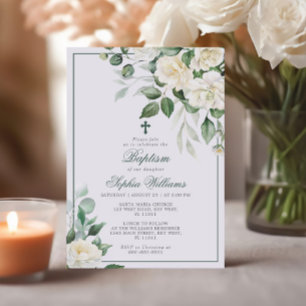Eucalyptus Fleurs Blanches Baptême Invitation