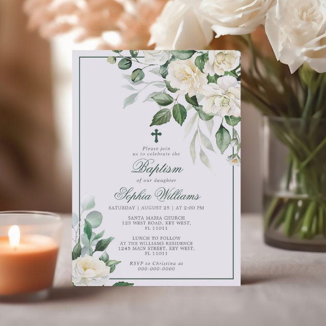 Eucalyptus Fleurs Blanches Baptême Invitation (Créateur téléchargé)