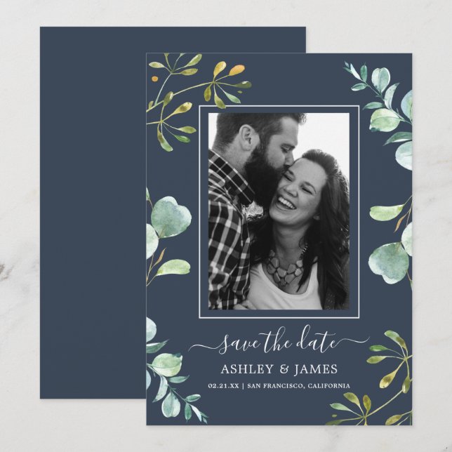 Eucalyptus Foliage Blue Botanic Save the Date Einladung (Vorne/Hinten)