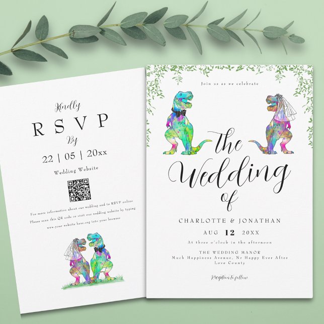 Eucalyptus Foliage Dinosaurier Wedding Einladung (Elegant botanical dinosaur wedding invitation with qr code)