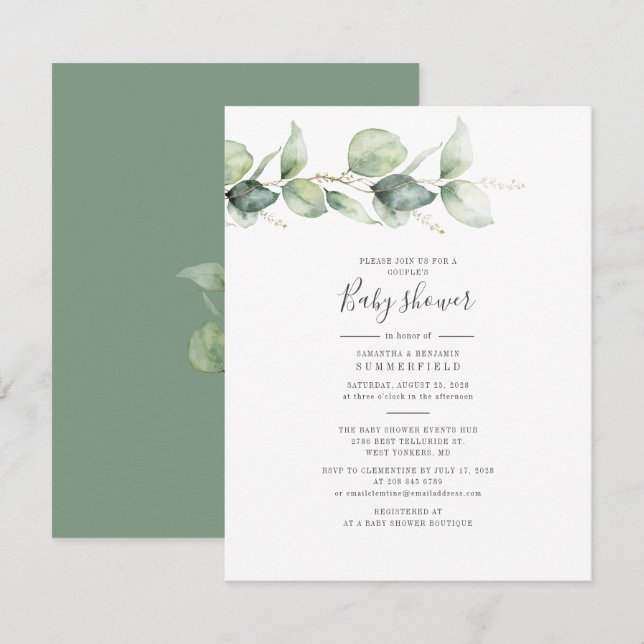 Eucalyptus Foliage Elegante Paare Babydusche Einladung (Vorne/Hinten)