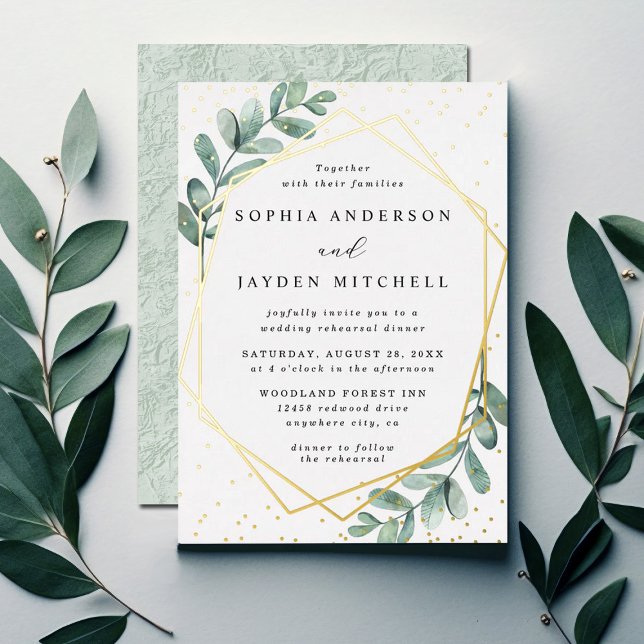 Eucalyptus Geometric Wedding Rehearsal Dinner Real Folieneinladung (Von Creator hochgeladen)
