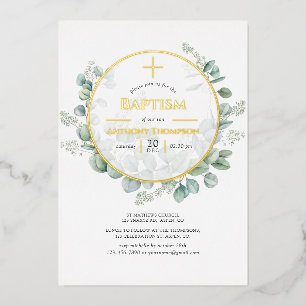 Eucalyptus Géométrique Baptême Foil Invitation