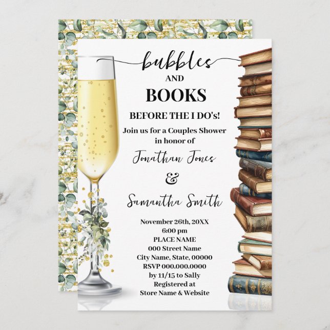 Eucalyptus Gold Bubbles & Books Couples Shower Einladung (Vorne/Hinten)