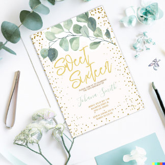 Eucalyptus Gold Confetti 16 . Geburtstag Geburtsta Einladung