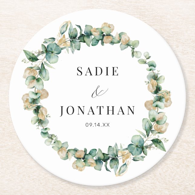 Eucalyptus Gold Elegante Wreath Wedding Runder Pappuntersetzer (Vorderseite)