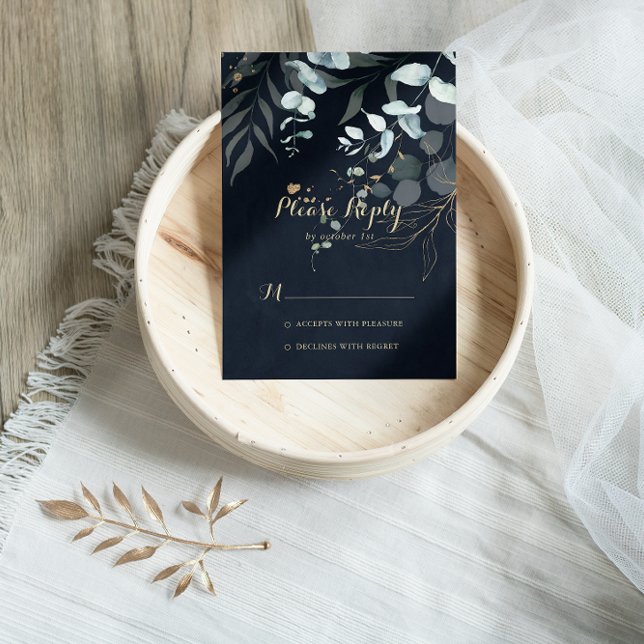 Eucalyptus Gold Floral Calligraphy Blue UAWG RSVP Karte (Von Creator hochgeladen)
