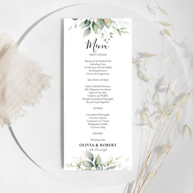 Eucalyptus Gold Floral Greenery Menu Mariage (Créateur téléchargé)