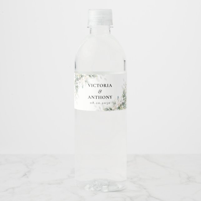 Eucalyptus Gold Floral Mariage Étiquettes bouteill (Devant)